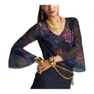 Cabi Olivia Women’s V-Neck Blouse Black Floral Chiffon Bell Sleeves #3506 Size M
